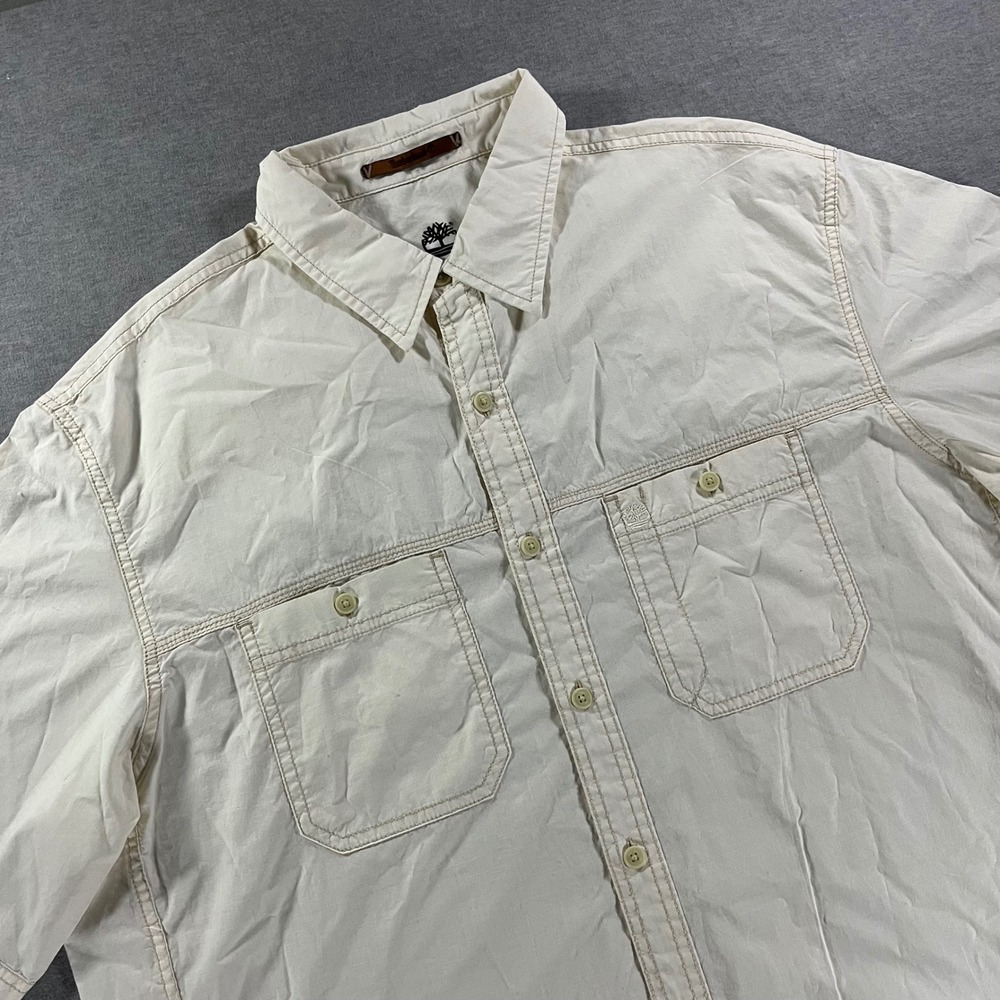 Timberland Mens XLT Short Sleeve Button Up Shirt Cream Cotton Ripstop Utility